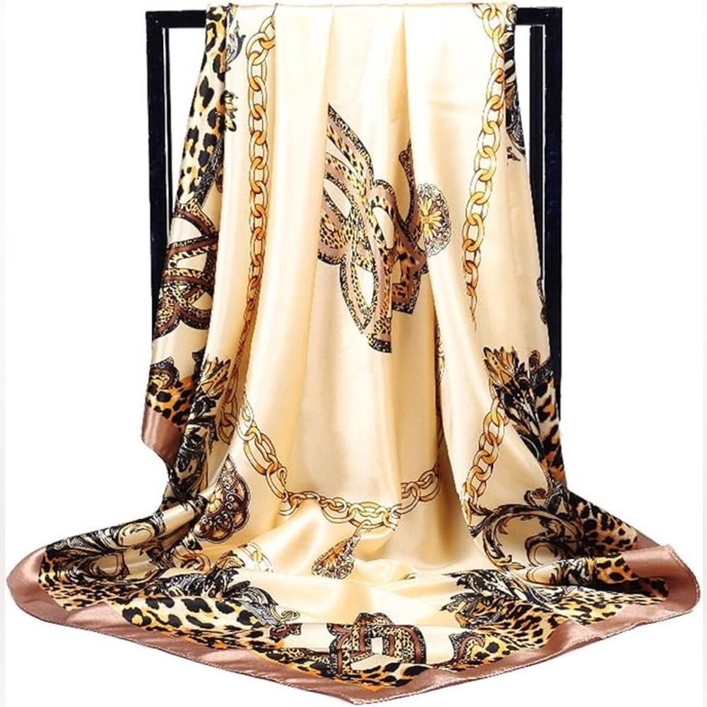Elegant Cream and Brown Silk Scarf 35” Large Women’s Satin Square Hair Scarf